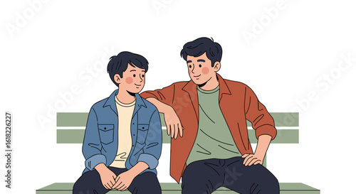 Two young men sitting on a bench and smiling together celebrating International Men's Day  