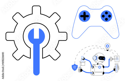 Blue and black game controller, robot performing tasks, and gear with wrench for technology, gaming, innovation, repair, automation, robotics problem-solving. Ideal for modern tech and simple flat