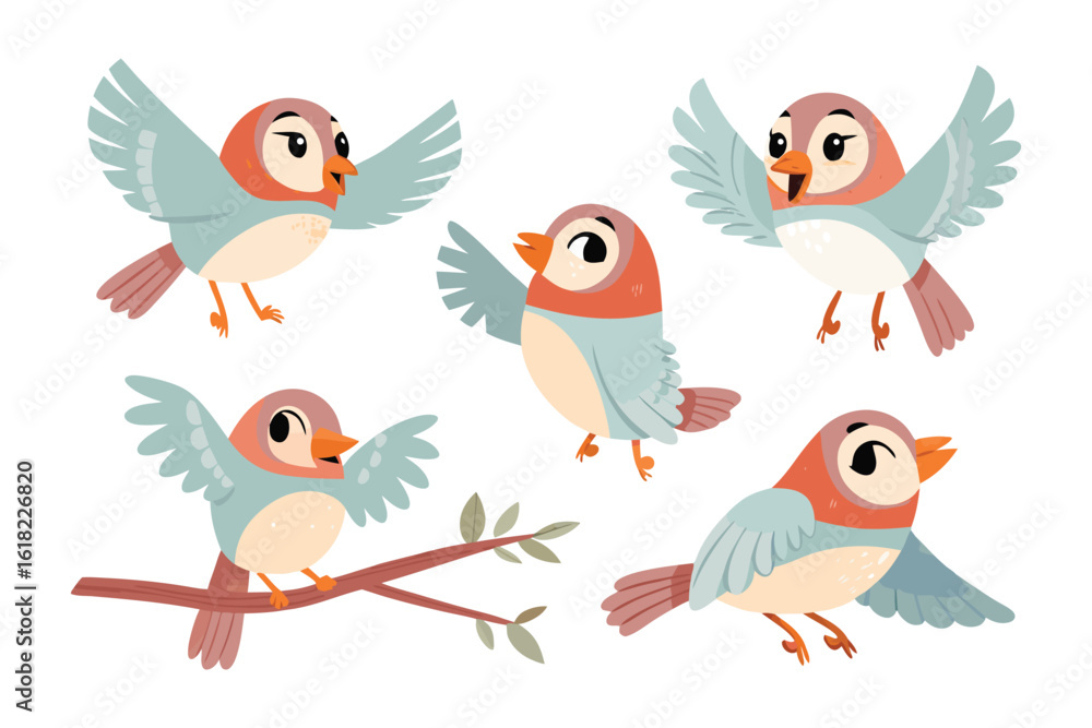 Fototapeta premium Animated Bird Collection: A charming collection of colorful cartoon birds in flight, each rendered with whimsical detail, ready to bring a touch of playfulness.