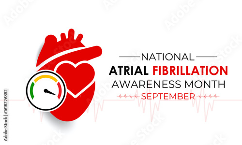 September is National Atrial Fibrillation Awareness Month. This campaign highlights AFib symptoms, causes, and its link to stroke and heart issues. Banner poster, flyer and background design template.
