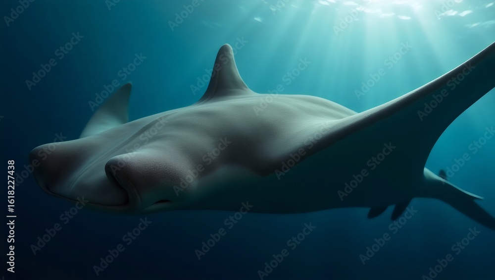 Obraz premium Majestic Hammerhead Shark Swimming in Deep Blue Ocean Underwater with Light Ray 