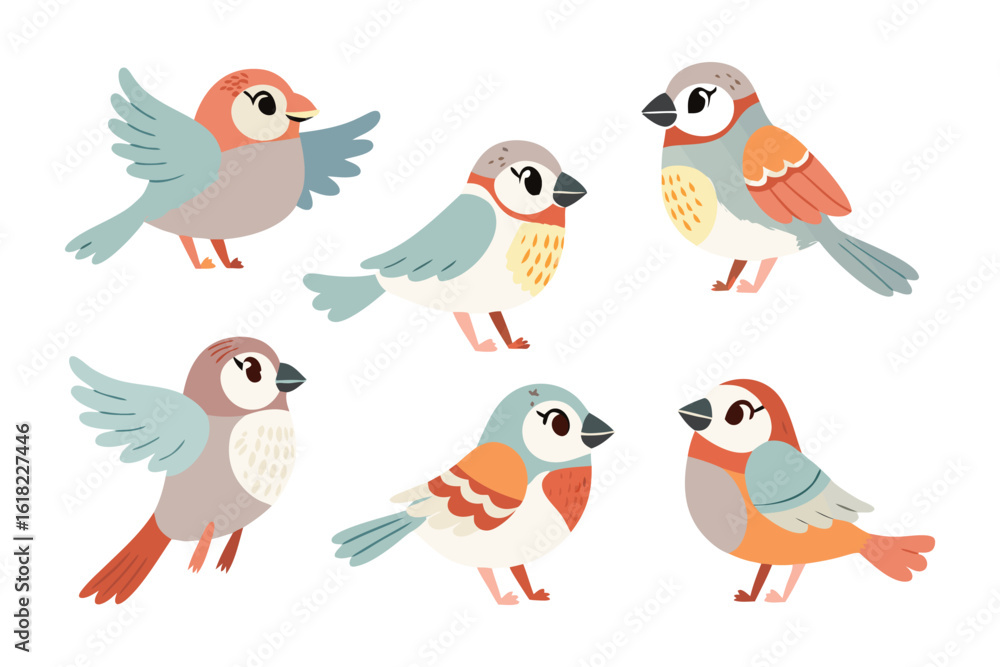 Obraz premium Whimsical Bird Collection: A charming collection of vibrantly colored birds, each with unique plumage, arranged in a cheerful illustration, capturing the essence of avian beauty.