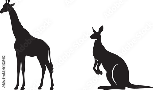 Giraffe and kangaroo silhouettes isolated on transparent background