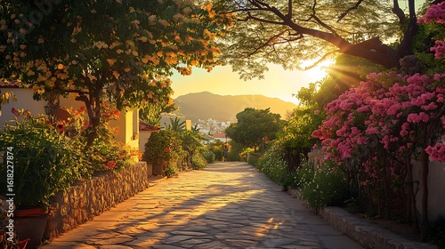 Sunset Illuminates A Stone Path Through Blooming Gardens