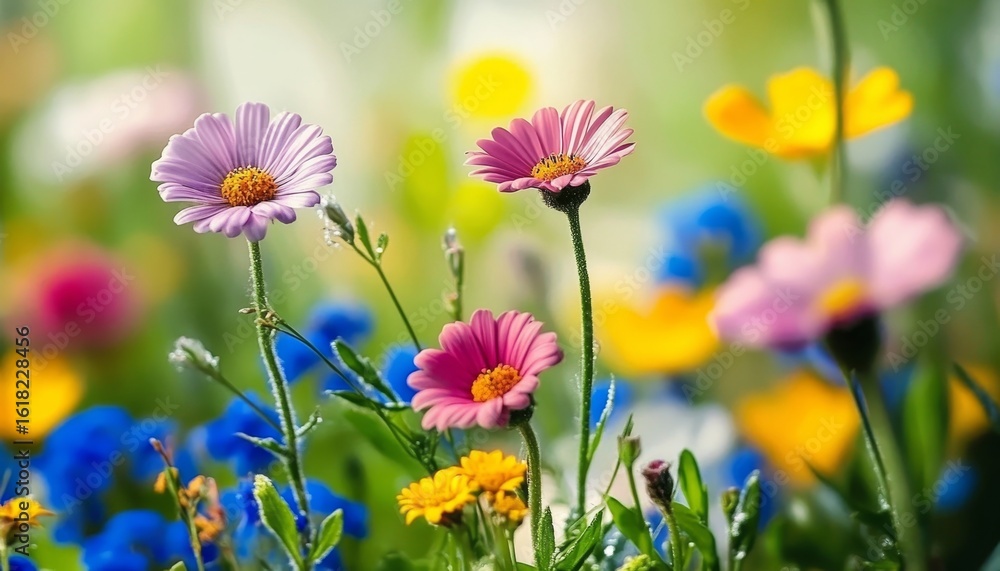 Fototapeta premium A Vibrant Spring Meadow Filled with Colorful Wildflowers Under a Bright Blue Sky in the Countryside