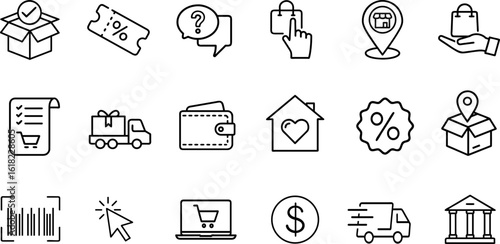 Online shopping icon set. E-commerce pictograms represent digital retail sales. Website app store logistics marketing promotion. Minimalist line art style transparent background vector