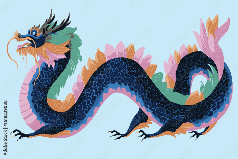 Obraz premium Traditional Chinese dragon vector illustration with colorful scale pattern