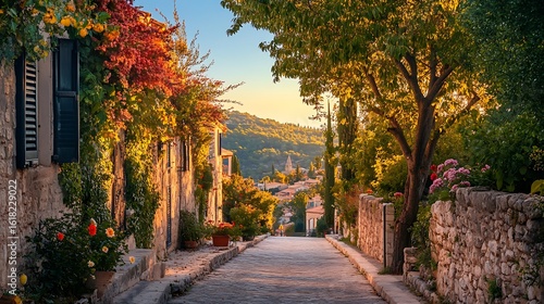 Sunlit Village Street With Autumnal Foliage And Stone Walls