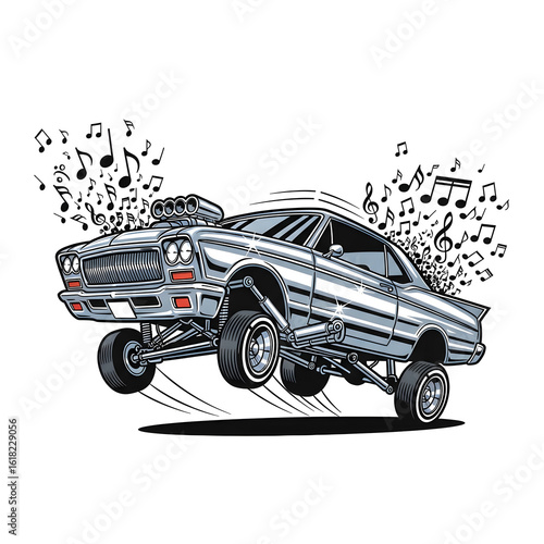 Dynamic lowrider car leaping with music notes 