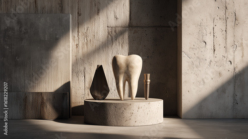 Backlit tooth sculpture embedded in marble block illuminated by natural light in elegant interior