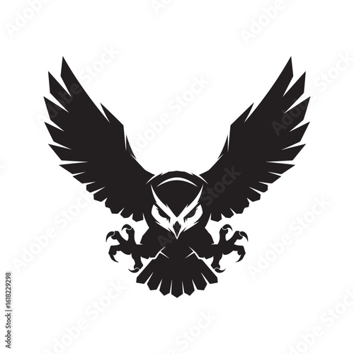 Silhouette of a aggressive flying owl with spread wings and talons. Black owl emblem swooping to attack isolated On white background