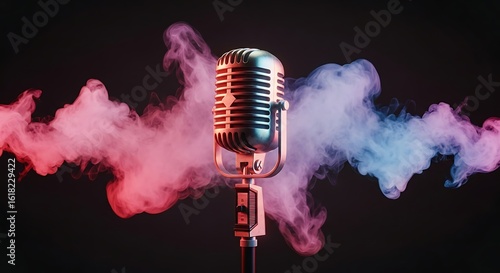 Vintage microphone with colorful smoke effect