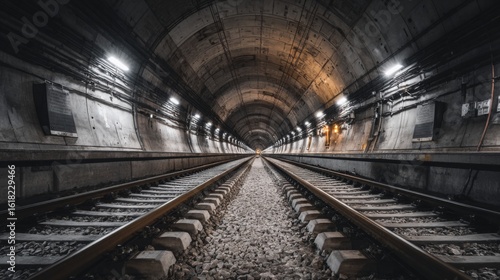 A long perspective shot of an empty subway tunnel, with illuminated track rails and smooth, curved walls, capturing the quiet and emptiness of the space