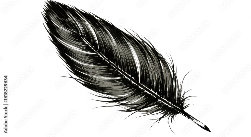 Fototapeta premium Vintage black feather illustration, detailed raven plumage graphic, elegant quill pen element for calligraphy and literary design projects isolated PNG with Transparent Background