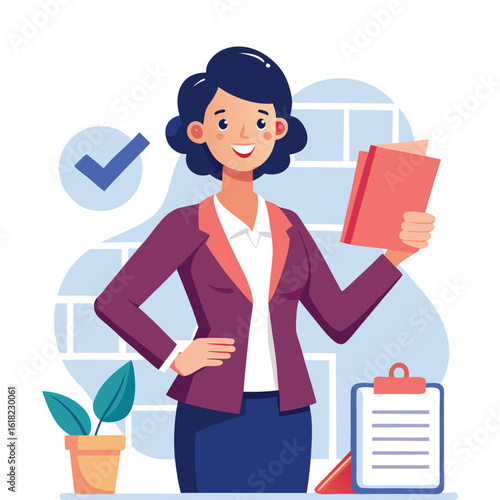 Confident Woman Boss Approving Business Documents in Office – Leadership, Empowerment, Professional Success Concept Vector for Corporate and Workplace Illustration Design