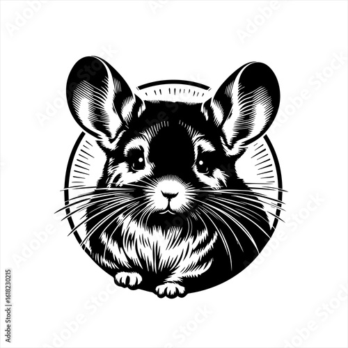 Cute Chinchilla Head Black and White Illustration.