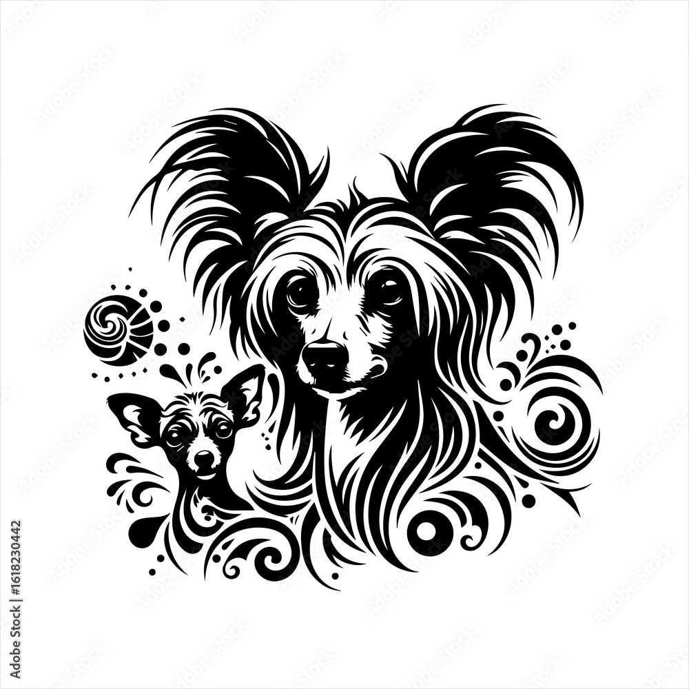 Fototapeta premium Stylized Black and White Dog Portraits with Decorative Elements.
