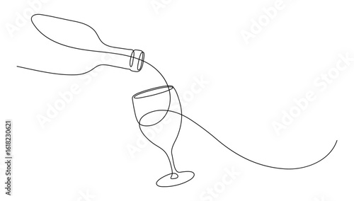 Bottle pouring wine into glass. Continuous line drawing.