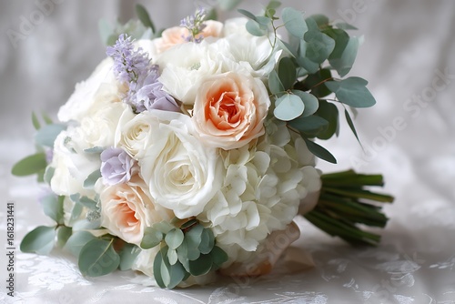 A soft and elegant mix of white hydrangeas, soft peach roses, and lavender sprigs, paired with trailing ivy and green eucalyptus.