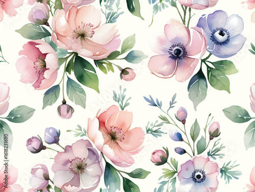 Seamless pink floral pattern design with leaves and decorative elements for a spring or summer background