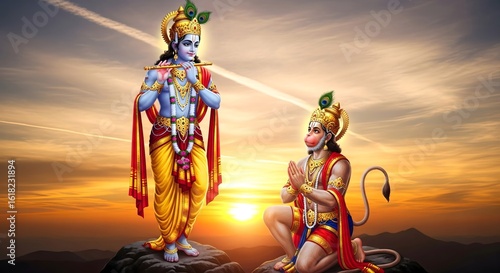 Krishna playing flute with hanuman devotion hinduism spiritual art god wallpaper background image