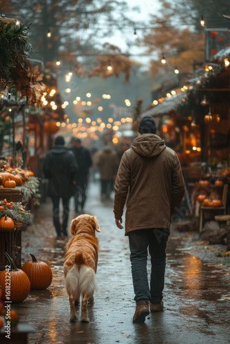 Man walking dog in rain on street.