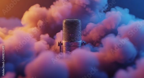 Studio microphone surrounded by colorful clouds