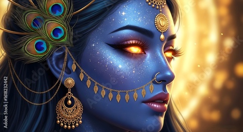 Portrait of hindu goddess kali with blue skin and peacock feathers digital art illustration