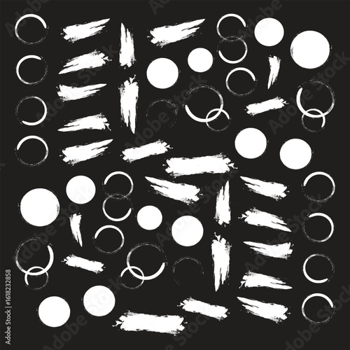 Mega bundle of different ink brush strokes:rectangle,square and round freehand drawings.Ink splatters,grungy painted lines,artistic design elements:waves,circles,triangles.Vector paintbrush