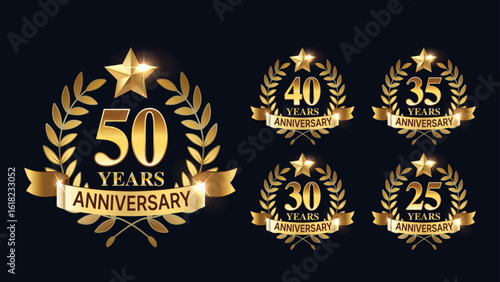 Gold Anniversary Badge Set – 25, 30, 35, 40, and 50 Years Celebration Logos with Laurel Wreath, Ribbon, and Shining Star Vector Design