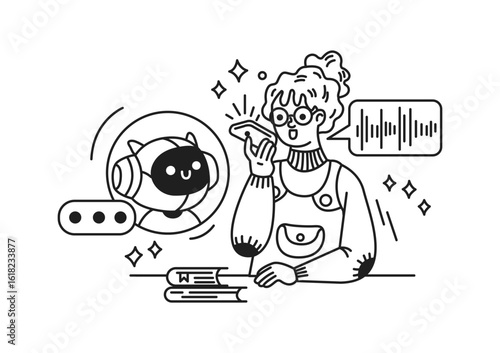 Illustration of a person interacting with a cheerful artificial intelligence. Monochrome line art depicting conversation via mobile phone. Educational and futuristic theme.