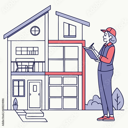 Real estate property inspecting house in flat design
