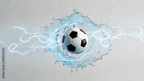 Soccer ball Breaking Through Water Splash with Electric Effects in Slow Motion