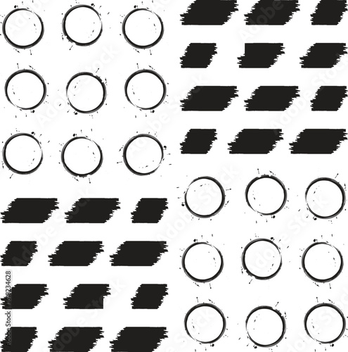 Mega bundle of different ink brush strokes:rectangle,square and round freehand drawings.Ink splatters,grungy painted lines,artistic design elements:waves,circles,triangles.Vector paintbrush