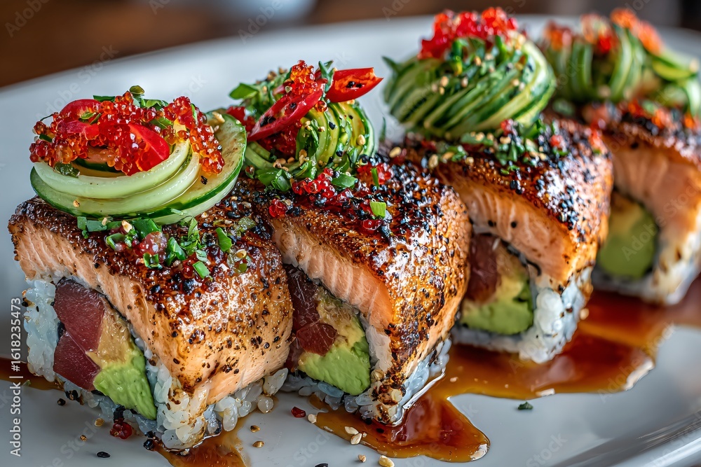 Delicious seared salmon sushi rolls with avocado, tuna, and spicy toppings on plate Delicious seared salmon sushi rolls with avocado, tuna, and spicy toppings on plate