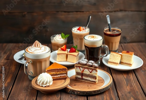 Assorted desserts & coffee drinks on rustic wood,  tempting,  rustic