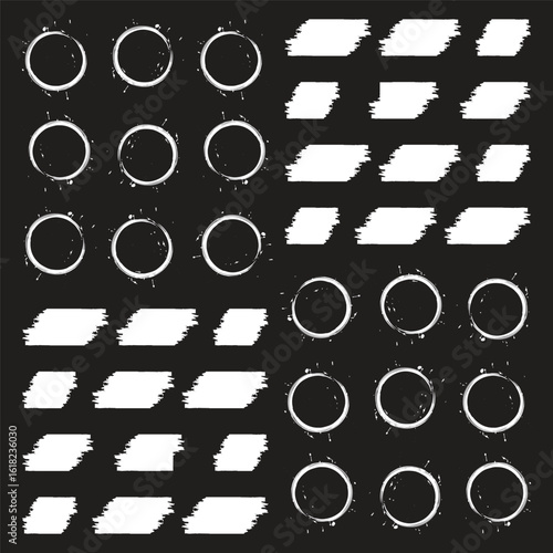 Mega bundle of different ink brush strokes:rectangle,square and round freehand drawings.Ink splatters,grungy painted lines,artistic design elements