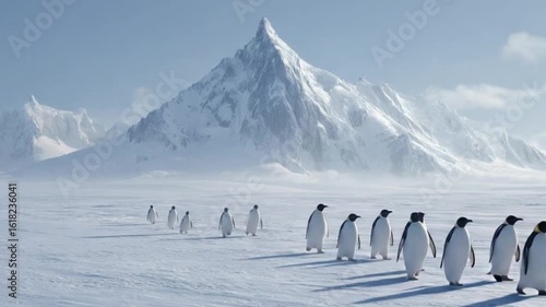 Penguins marching across snowy landscape