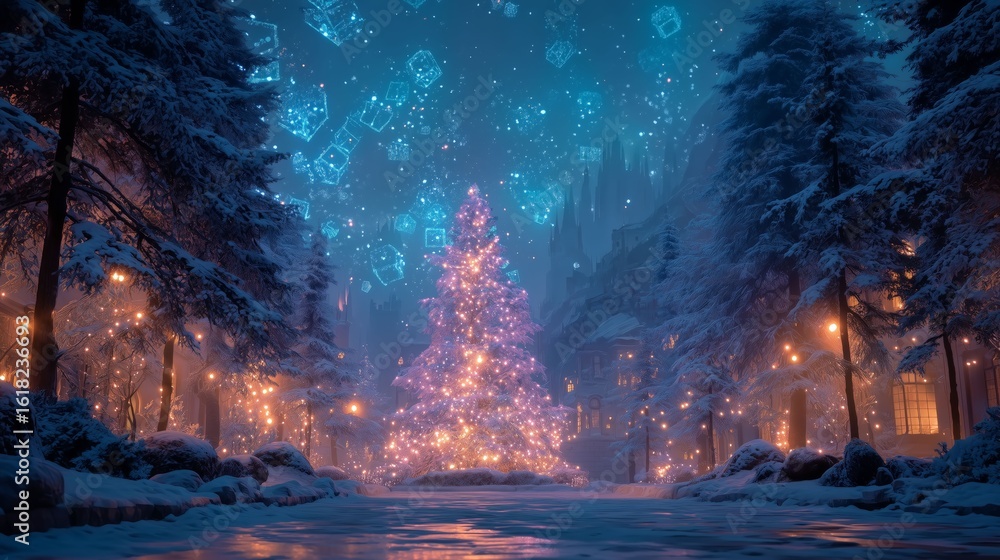 Fototapeta premium A festive, snow-covered landscape with a brightly lit Christmas tree.