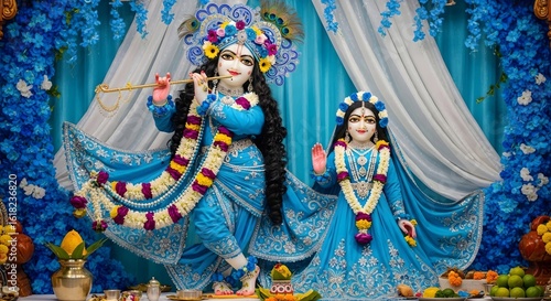 Beautiful krishna radha deities in blue attire with flute and peacock feather crown art