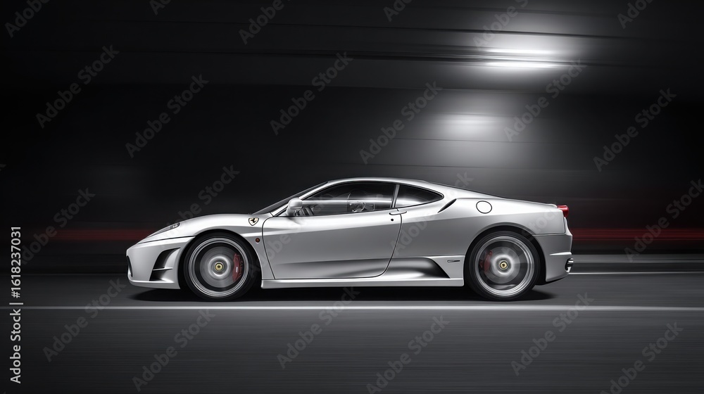 A sleek sports car in motion, showcasing speed and dynamic lighting on a simple road. A sleek sports car in motion, showcasing speed and dynamic lighting on a simple road.