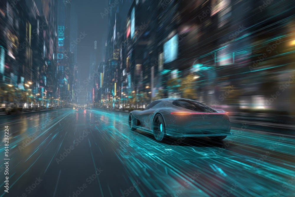 Fototapeta premium Futuristic Car Speeding Through Neon Cityscape