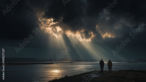 Two figures silhouetted by dramatic, atmospheric sky over a wide river.