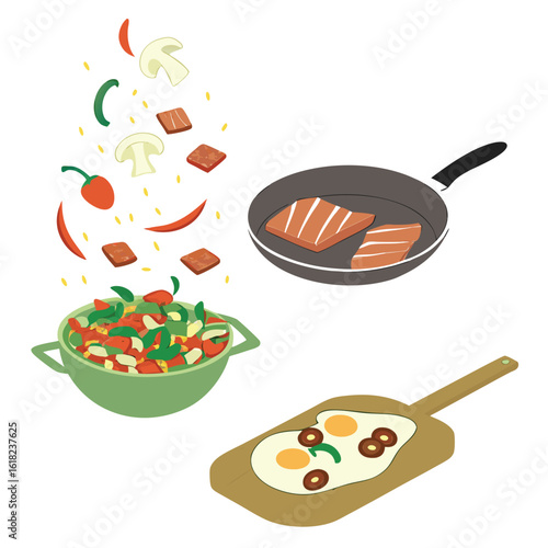 Colorful Cooking Illustration Featuring Salmon, Vegetables, and Eggs