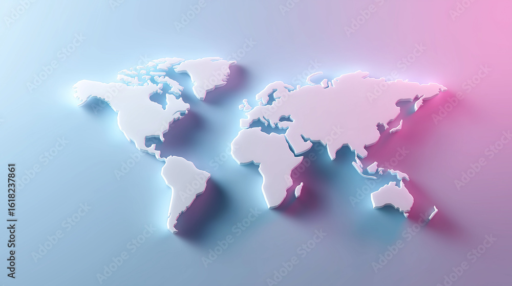 Fototapeta premium 3D world map in soft focus with vibrant blue and pink lighting. 