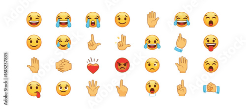 Emoji Icon Collection. Emoticons. Hands. Smile assortment. Feelings. Humorous Cartoon. Hand Signals. Social Networks. Smile, Cry, Sad, Angry, Happy, Hi, Like, Handshake, and more.