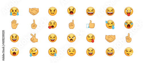 Emoji Icon Pack. Emoticons. Hand symbols. Smile variety. Emotions. Funny Cartoons. Hand Gestures. Social Media. Smile, Crying, Sad, Angry, Joyful, Hello, Like, Handshake, etc.