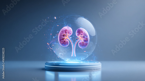 Translucent sphere showcasing human kidneys with glowing details, symbolizing health and science