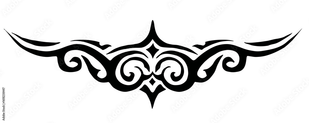 Fototapeta premium A black and white symmetrical design with swirling motifs and pointed tips resembles tribal body art,