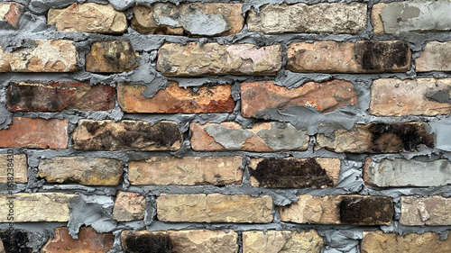 Fotografia Horizontal vintage brick wall made of scorched reclaimed bricks with rough cemen